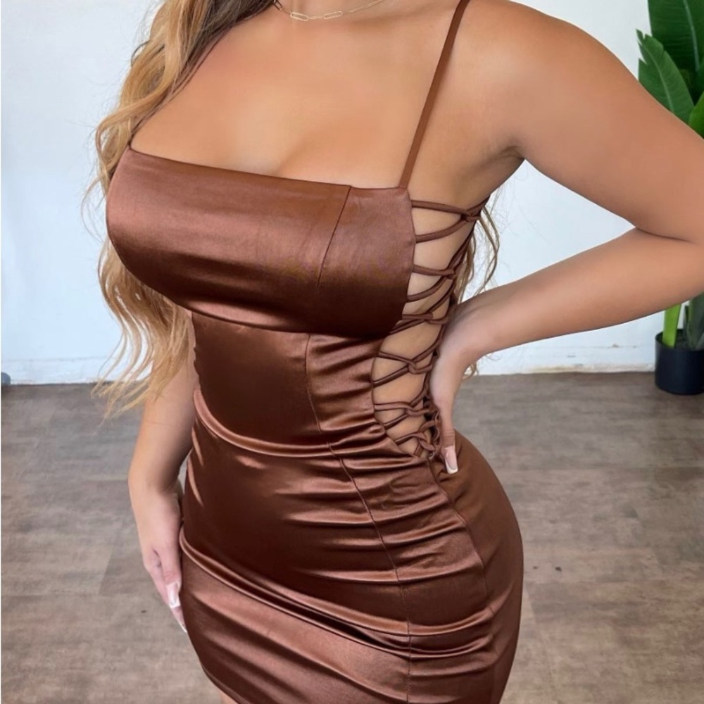 Brown silky mini dress
